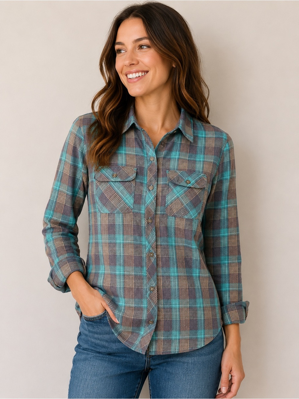 Marmot Plaid Button Front Flannel Shirt Women’s Medium Outdoor Hiking Blue Green